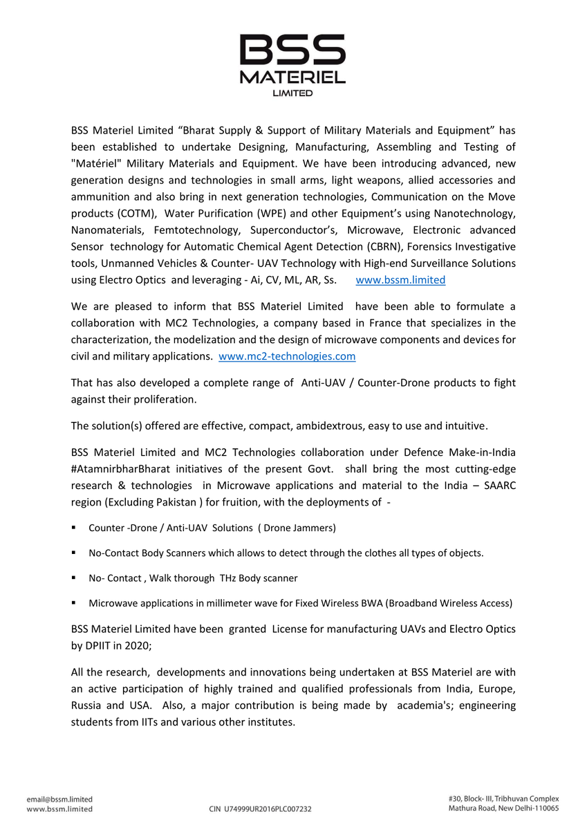 BSS_Materiel's tweet photo. #PressRelease - 28 Dec. 2020 @BSS_Materiel formulates a collaboration with #MC2Technologies for #AtmaNirbharBharat in -
- #DroneJammers
- #BodyScanners
- #MicrowaveApplications
@manupubby @ajaishukla @IndiaDefNetwork @manishindiatv @dindustry_com @defence_news @MilitaryTimes https://t.co/PkLa9Jcuqn