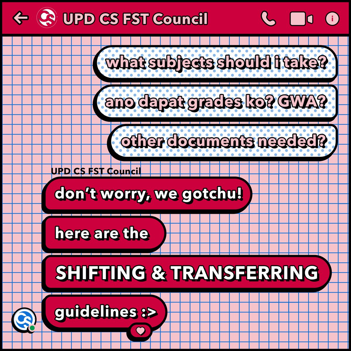 updcsfstc's tweet photo. [SHIFTING AND TRANSFERRING GUIDELINES]

Heads UP, FSTs!!

Are you planning to shift or transfer but you don’t know what you should do? Worry not because the CS FSTC will provide answers to all your questions regarding these issues. 

#faCSonly
#FSTandByYou https://t.co/7rNxRHcyBW