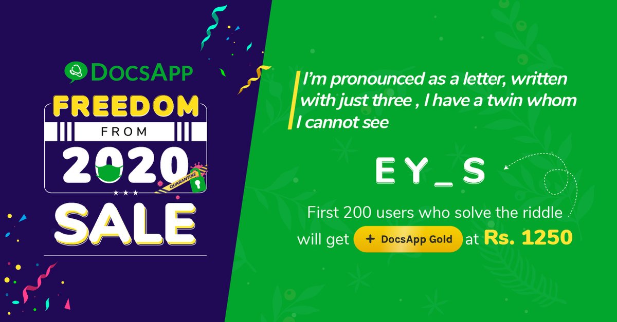 DocsApp_in's tweet image. #ContestAlert
Get ready for day 4 of our year-end giveaway with special offers on DocsApp Gold.
Unlock your special discount on DocsApp Gold by guessing the coupon code below.
#MediBuddy #AapkaHealthBuddy #Contest