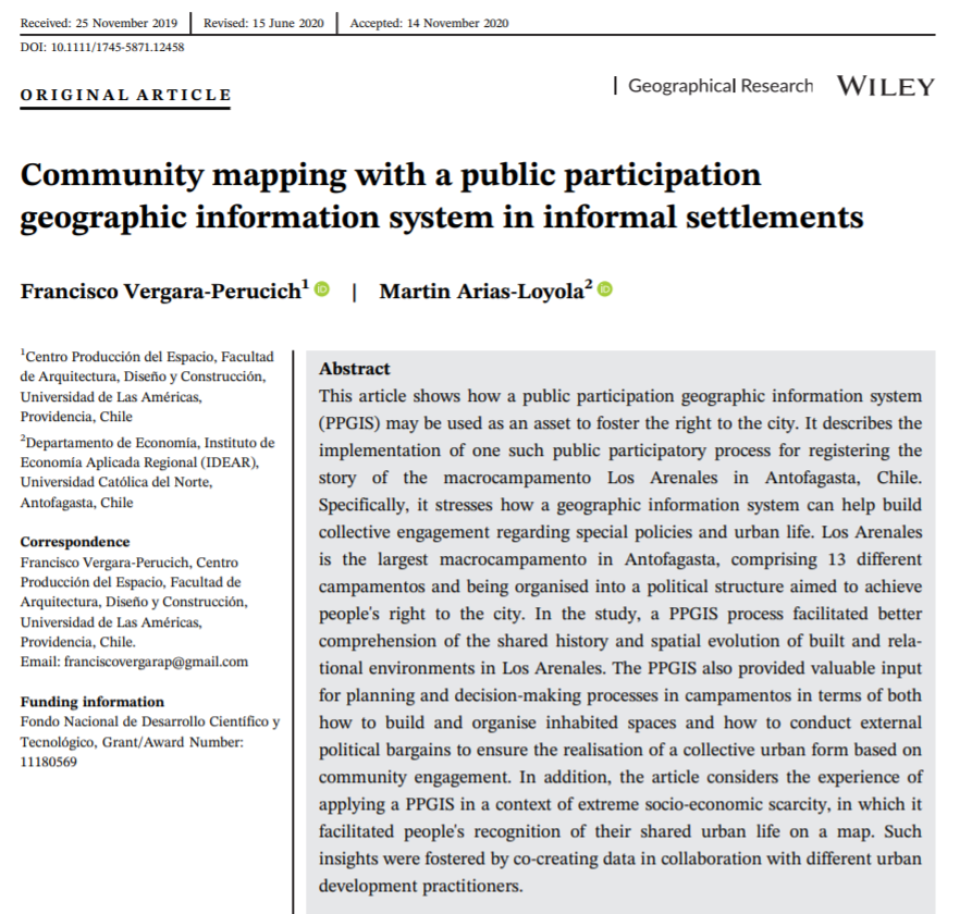 Terminando el año con la publicación que escribimos con el gran Francisco Vergara-Perucich,director del @CPE_UDLA, sobre mapeos comunitarios y #PPGIS del proyecto 'Know Your City' @sdinet, en el histórico macrocampamento #LosArenales de #Antofagasta.Link:

onlinelibrary.wiley.com/doi/full/10.11…