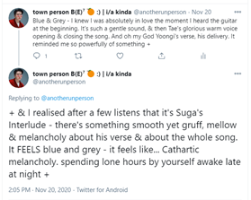 + enough how much I am in love with this verse. The very first time hearing it, it reminded me of Suga’s Interlude, without even knowing what the lyrics meant. It’s so powerful that just hearing Yoongi’s tone & delivery, could evoke the mood & feel of a song he references in B&G,