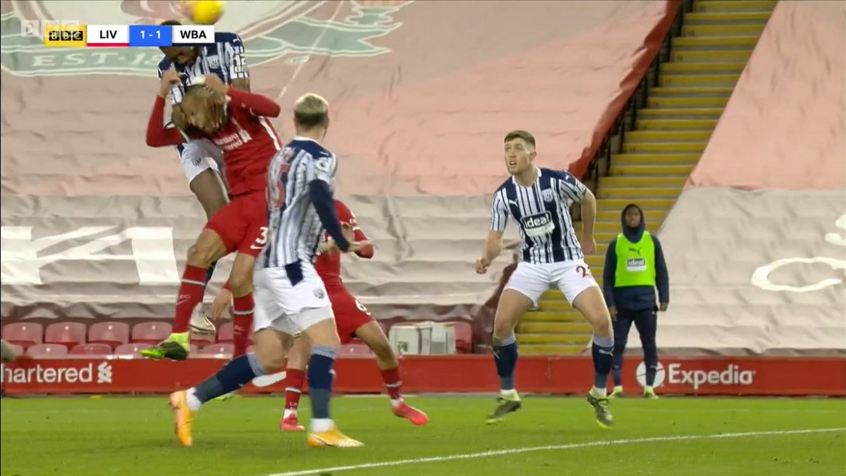 One final point on the West Brom goal.I say this knowing I always use images to illustrate points, but this makes it look a definite foul on Fabinho. It wasn't. Watch in real time there's nothing much in it, and note there have been no complaints.