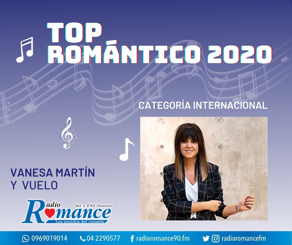 RadioRomanceFM's tweet photo. La cantante VANESA MARTÍN, participa en el #TopRomántico2020 con su tema #YVuelo 🎶🎵 #CategoríaInternacional 
@vanesamartin_
¿Es tu canción favorita? ¡Vota YA!
Utiliza el HT #TopRomántico2020 https://t.co/zeMi7SjyJG