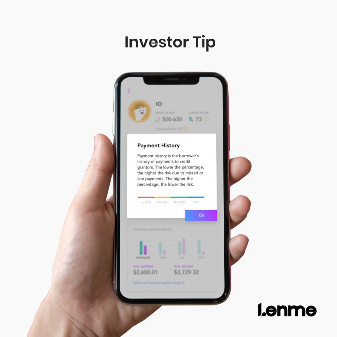 lenmeapp's tweet photo. Investor Tip!! Check the borrowers Payment History, a higher percentage = the lower the risk🙌🏼 #appstore #fintech #lenmeapp https://t.co/vN1R6j2HjJ