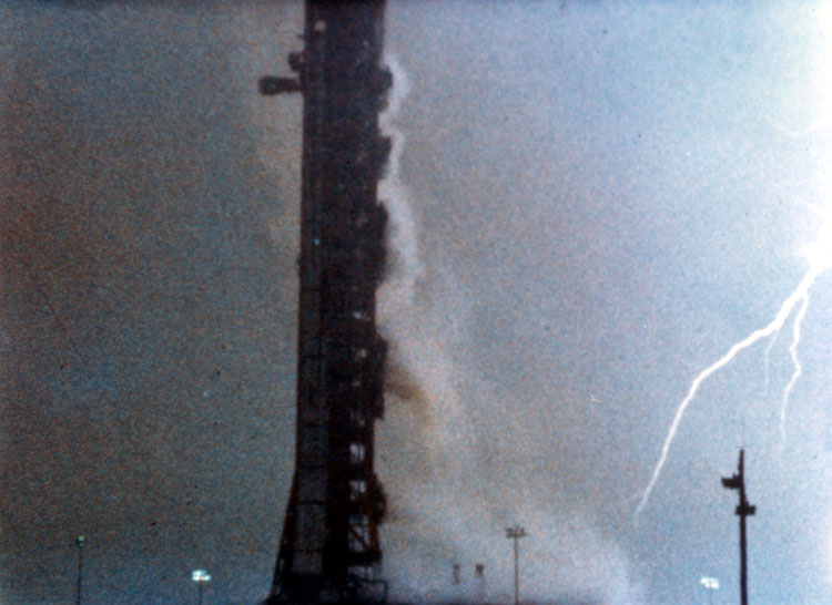 The massive Saturn V rocket acted like a lightning rod as it tore through the clouds, and generated not one but two lightning strikes that hit the rocket and ran down the body, following the contrail to hit the launch pad.