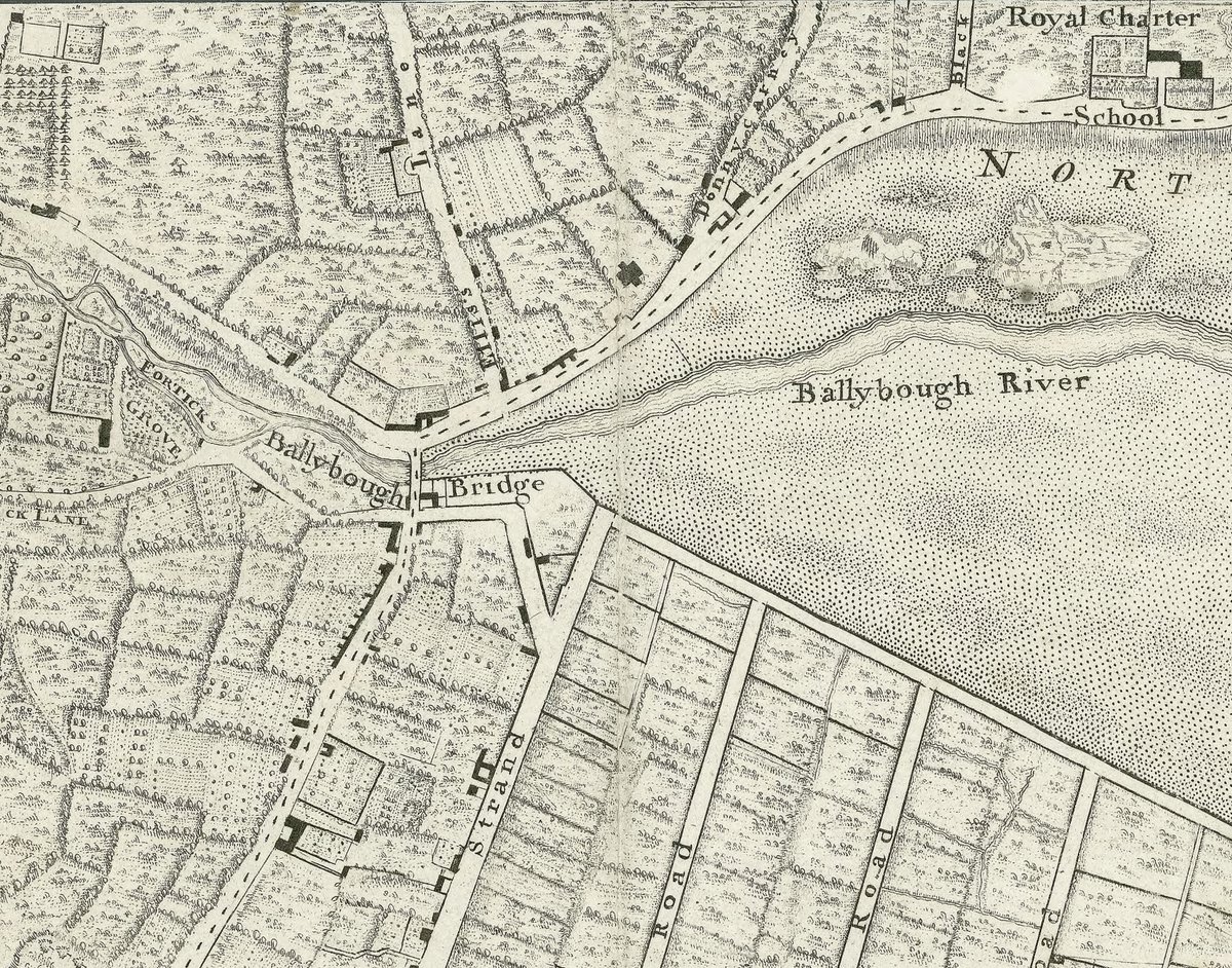 This series of historic map extracts captures the gradual reclaiming and development of the triangle adjacent to the river Tolka and Annesley Bridge. A late as Bernard Scalé's map of 1777, Ballybough Bridge was the last crossing over the Tolka before it flowed into mudflats.