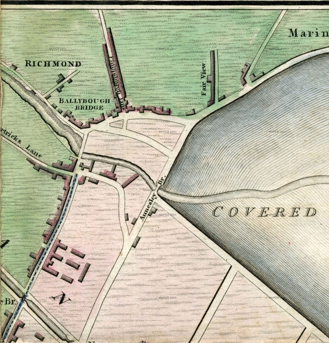 An act of parliament in 1792 permitted building of a new bridge to provide more direct access from the city to Clontarf and the northern suburbs. This involved construction of substantial causeways, reclaiming a large area of land in the process - as seen here on a map of 1798.