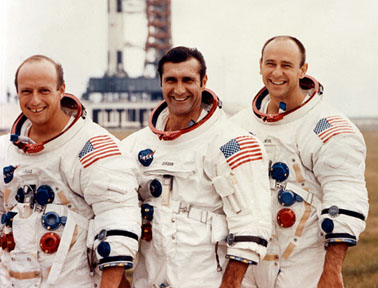 The crew cackled and laughed about the confusion all the way to orbit! (From the left: Commander Pete Conrad, Command Module Pilot Dick Gordon, and Lunar Module Pilot Al Bean.)