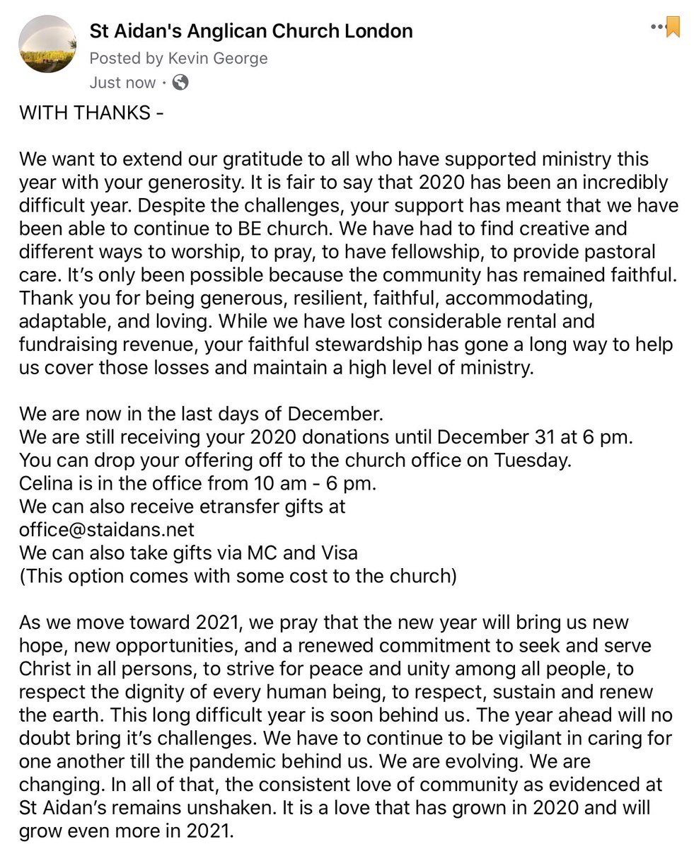 WITH THANKS - We want to extend our gratitude to all who have supported ministry this year with your generosity. It is fair to say that 2020 has been an incredibly difficult year. Despite the challenges, your support meant that we have been able to continue to BE church. 1/8