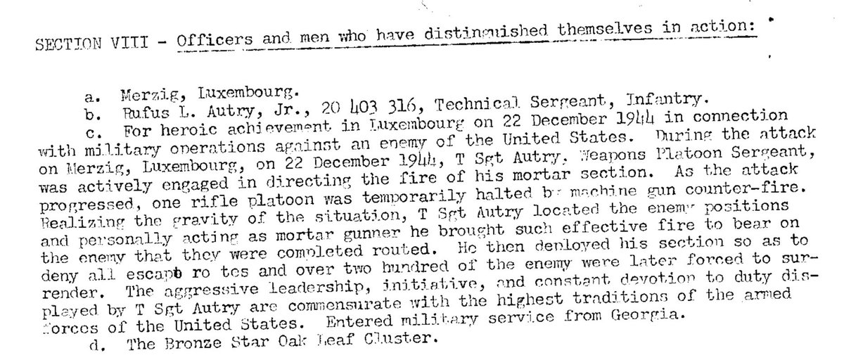 Meanwhile, back at Merzig, the 1st/3rd Btls of 319th Inf Rgt, 80ID had attacked the 352VGD along its axis of advance. Technical Sgt RL Autry Jnr of 3rd Btl was conspicuous in his leadership, citation below providing colour to the fighting.5)