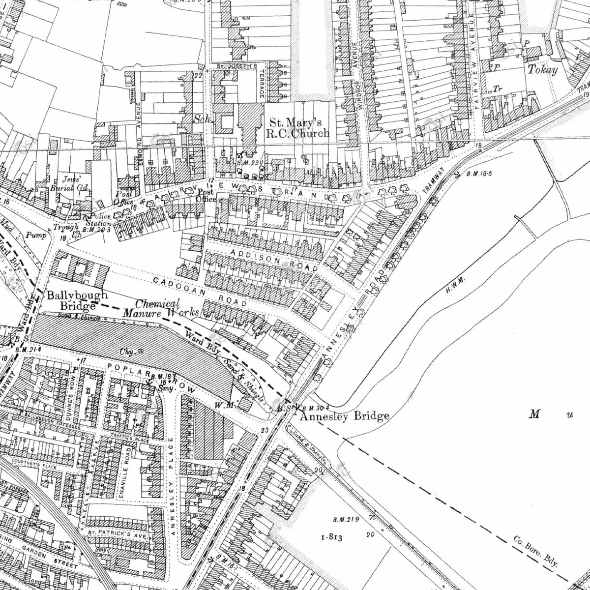 It was only in the opening years of the 20th century that the distinctive triangle was formally reclaimed for housing as Addison and Cadogan Roads - the latter only half built on this map of 1907. By this stage, the vitriol works had transformed into a fertilizer works.