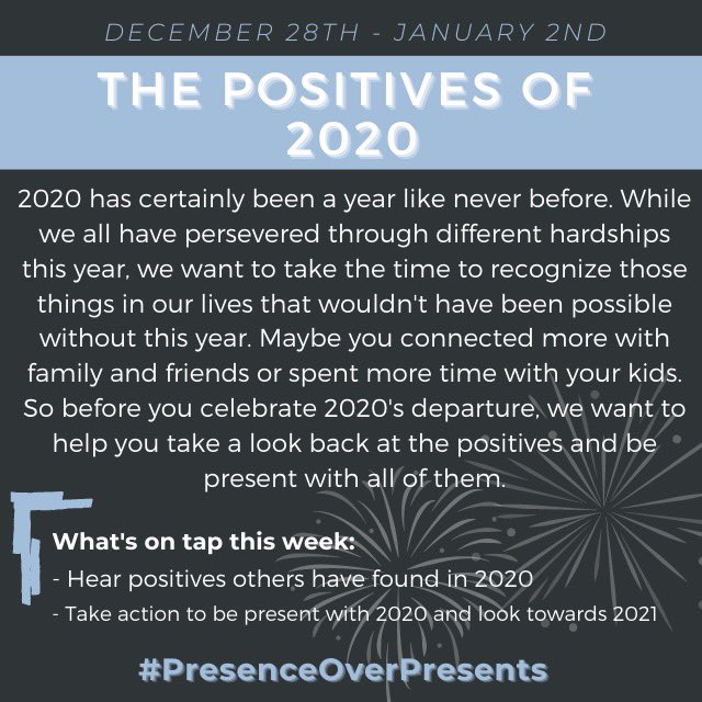 USPractice's tweet photo. You won’t want to miss our last week of our holiday campaign! Stay tuned as we talk about how to find the positives in 2020 and ring in 2021! #presenceoverpresents https://t.co/J8ARAJXTtQ