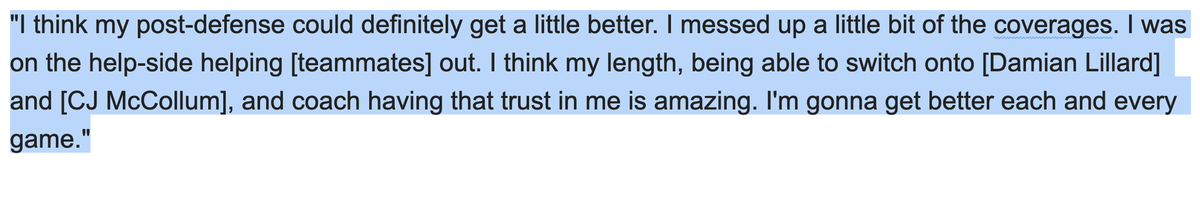 I asked Christian Wood about his strengths, where he can improve defensively: "I think my post-defense could definitely get a little better. I messed up a little bit of the coverages. I was on the help-side helping [teammates] out. I think my length, being able to switch onto..."