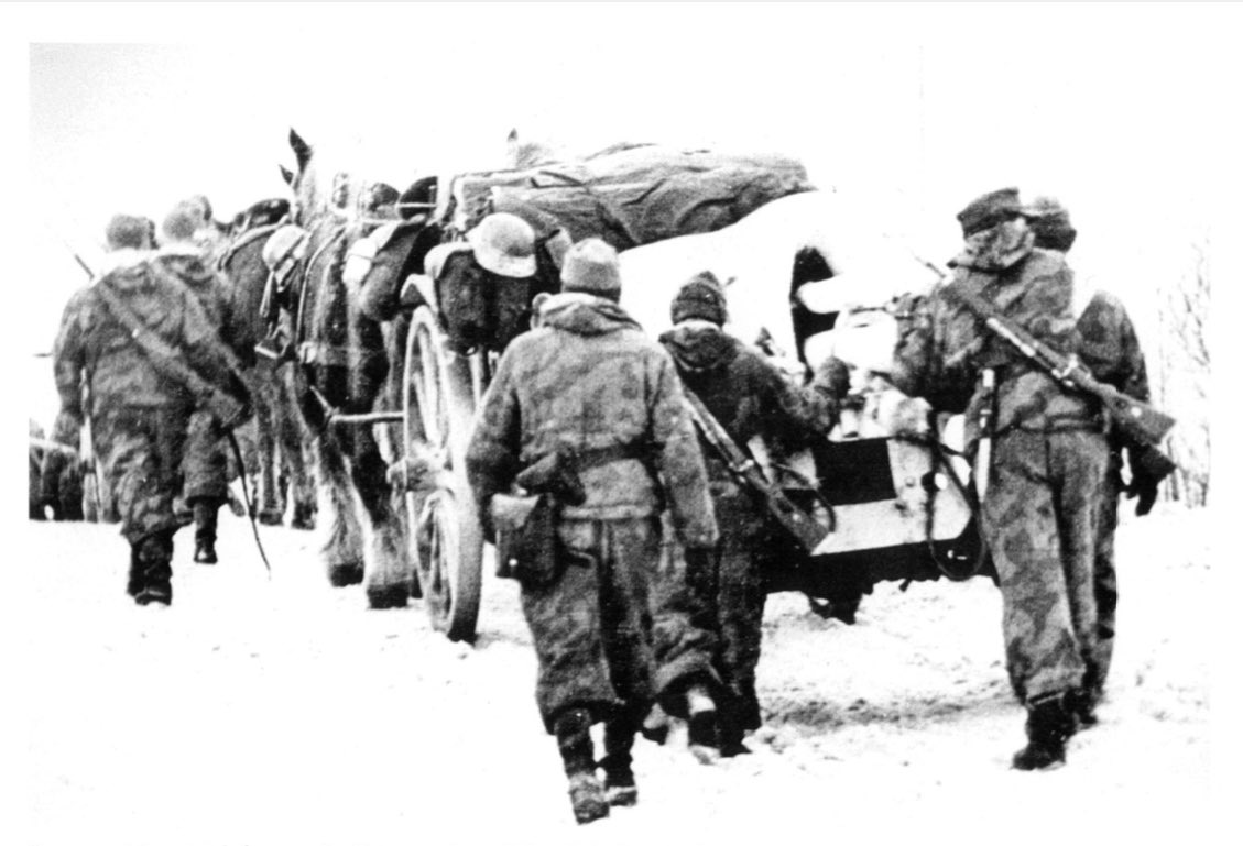 ....to shoot up the enemy transport.The transport consisted of 1 Btry of 4 light artillery pieces (horse drawn, with 4 horses to each gun), 15 horse drawn wagons & a number of trucks.The entire column was wiped out.’7)