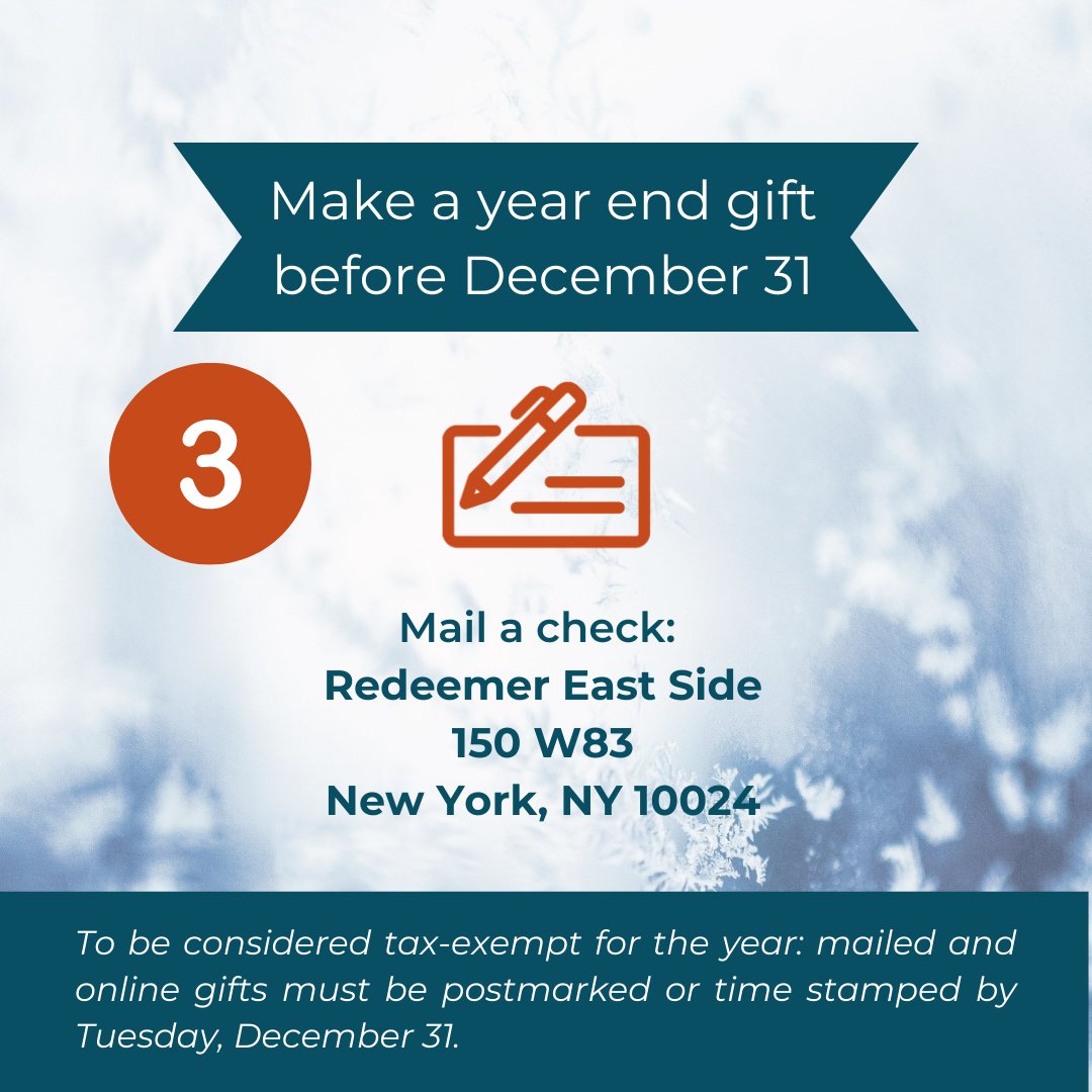 Thank you for making 2020 a wonderful year in the life of Redeemer East Side!
Help us finish strong with a year-end gift so that we can reach our goal of $1.006M. Swipe through to see your options for giving. eastside.redeemer.com/give