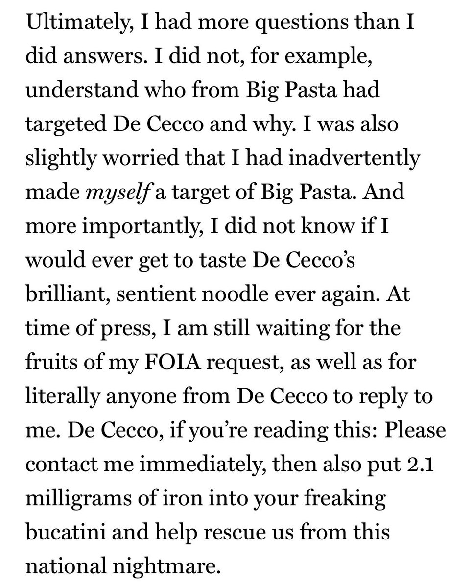 ....:still no word from De Cecco. If you or your loved ones work or know anyone who works for De Cecco pls email me!! Rachel.handler@nymag.com  https://www.grubstreet.com/2020/12/2020-bucatini-shortage-investigation.html