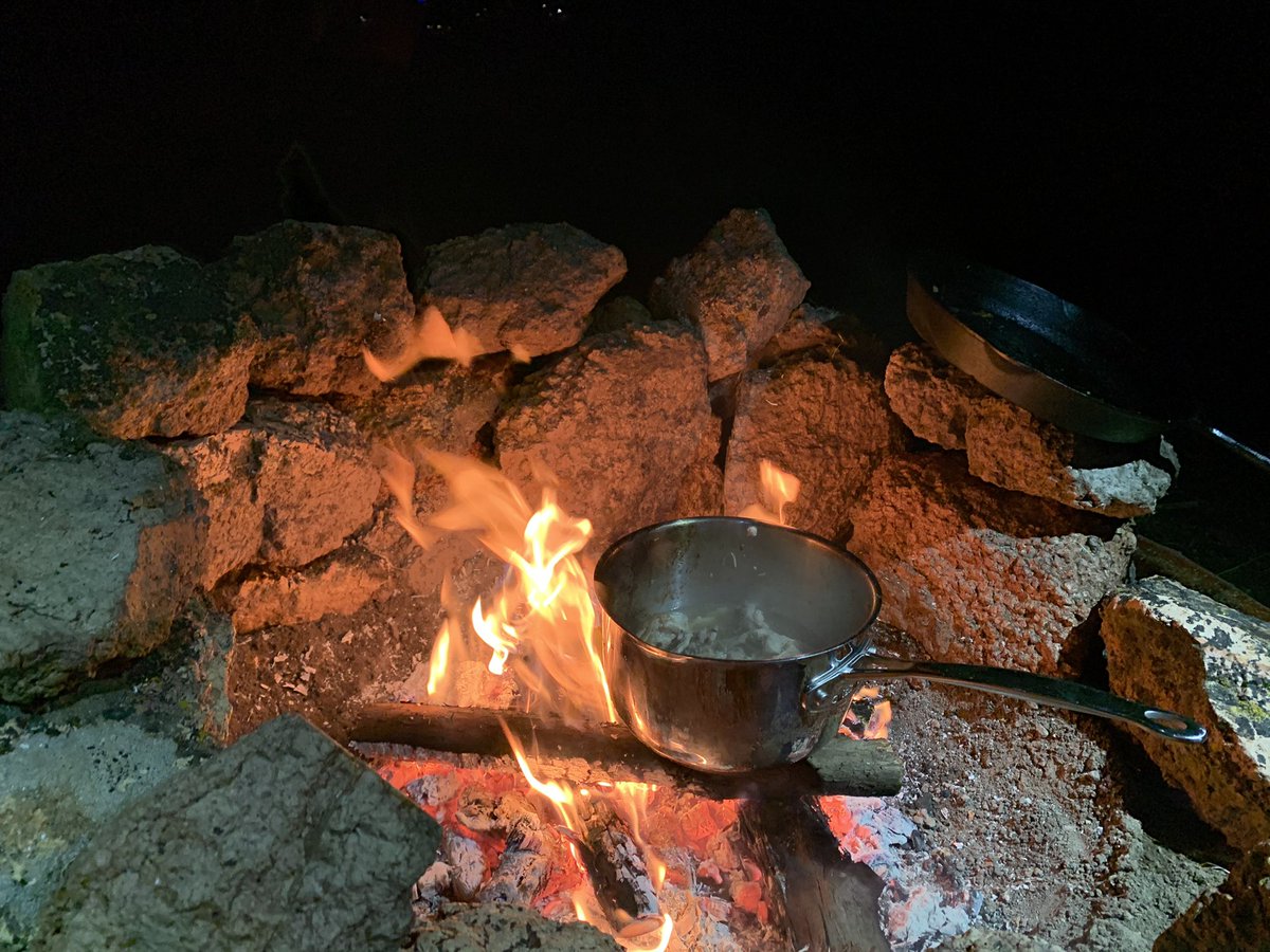 We roasted a whole chicken on the fire then made chicken soup with its bones and pheasant and ribeye stock I brought from home.