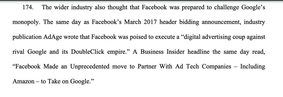 FB /Amazon (largest buyers) who did not have very deep integrations with the publisher ecosystem could use this to break Google’s control. FB aggressively came out in support of HB & stated how savings from intermediary fees would directly benefit publishers & advertisers (12/n)