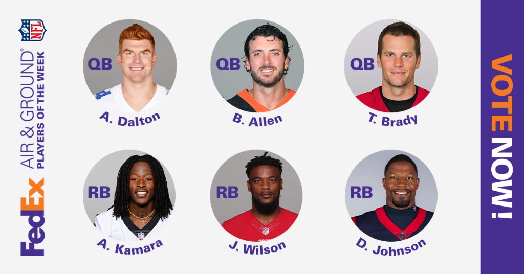 Who's getting your vote for Week 16 FedEx #AirandGround @NFL Players of the Week? Choose between Andy Dalton, Tom Brady or Brandon Allen and Alvin Kamara, Jeff Wilson or David Johnson, then cast your vote at https://t.co/mfg3FflEHw. https://t.co/fIYnuPCIkg