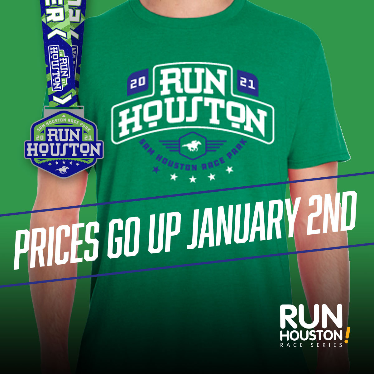 The beginning of 2021 marks the end of savings for the Run Houston! Sam Houston Race Park #VirtualRace! Prices go up this Saturday, January 2nd. Register today to save! bit.ly/RunHoustonSHRP