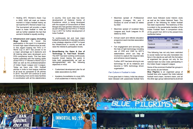Chapter 3: Football DevelopmentAll 4 bids generally talk about their football tournaments, leagues, youth developments. India use their strength in fan culture. With clubs being named together with the fan supporting group.