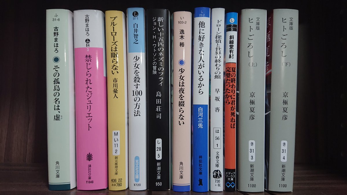 Cornus__Florida's tweet photo. 逸木裕
『少女は夜を綴らない』
白河三兎
『他に好きな人がいるから』
早坂吝
『ドローン探偵と世界の終わりの館』
斜線堂有紀
『夏の終わりに君が死ねば完璧だったから』
京極夏彦
『ヒトごろし』 https://t.co/UFIjYYg8QF