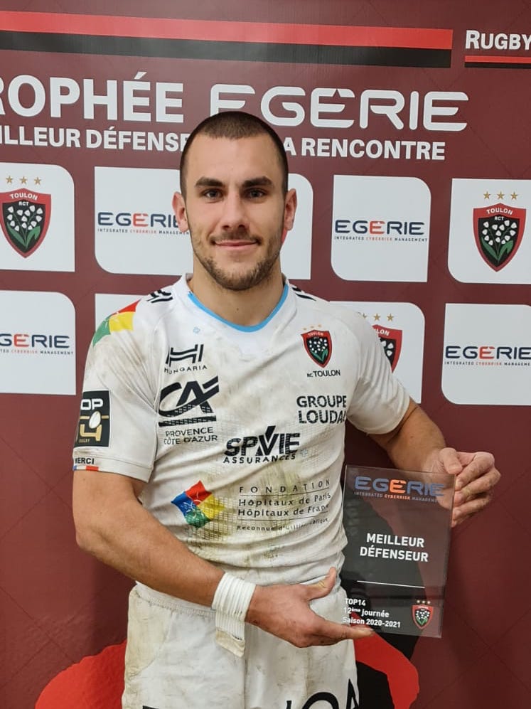 👊🏽 Gabin Villière remporte pour la 2ème fois cette saison le Trophée Egerie. Il a été le meilleur défenseur lors du match #RCTASM ! 
🛡Sur le front de la défense, Egerie, spécialiste européen de la cybersécurité et le RCT ne laissent rien passer. 
#JoueurEgerie