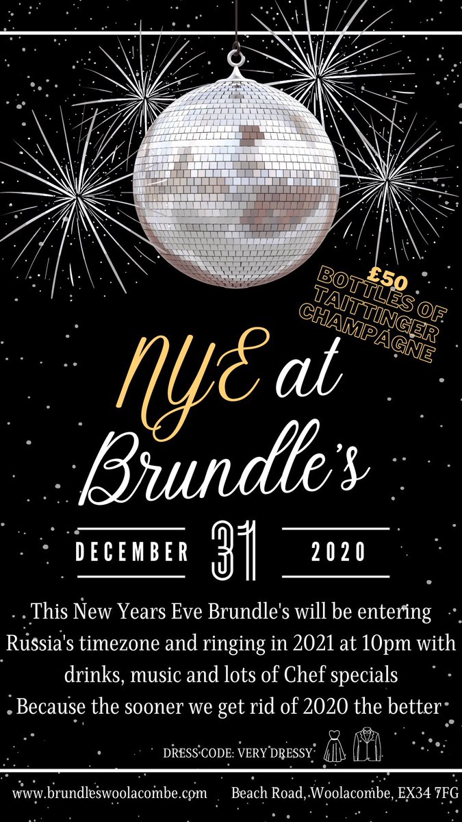 Come and celebrate with us this New Years Eve🥂
£50 bottles of Taittinger Champagne, music &amp; Chef Specials
Can’t celebrate at midnight? Problem solved: pretend we’re in Russia &amp; celebrate at 10pm🎆
Book via our website brundleswoolacombe.com 
#Woolacombe #Devon #NYE #NorthDevon