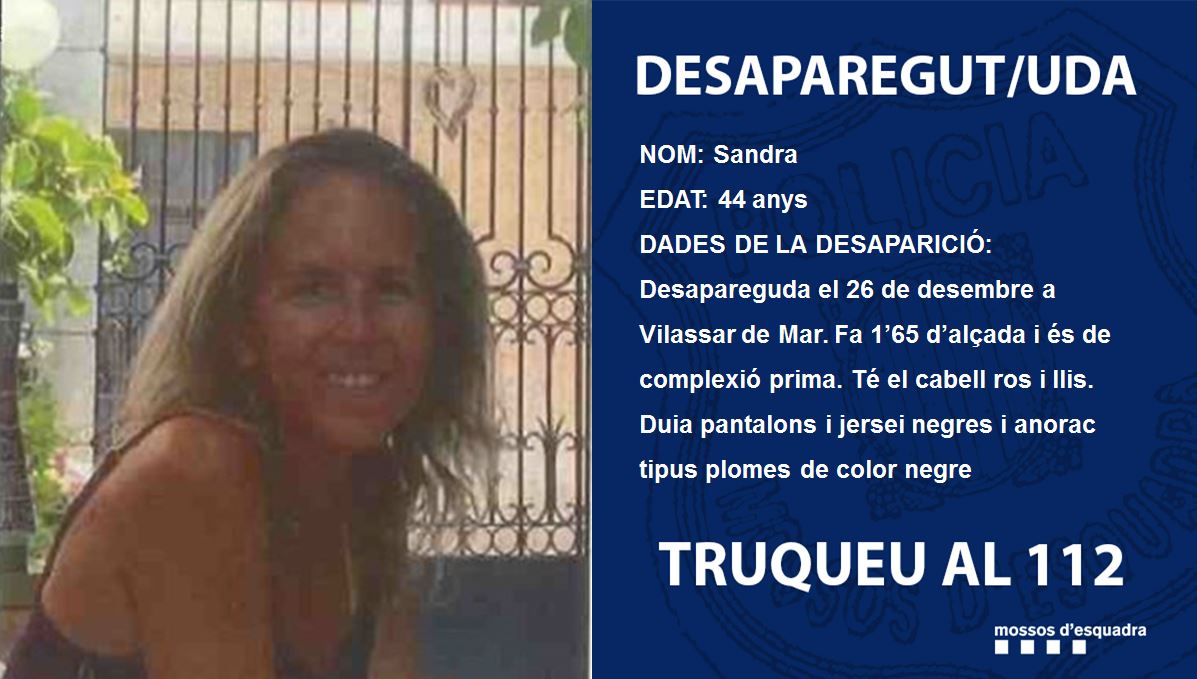 🆘 El 26 de desembre la Sandra, una veïna de #Terrassa de 44 anys, va desaparèixer a Vilassar de Mar. Duia pantalons i jersei negres i un anorac també d'aquest color. Els <a href="/mossos/">Mossos</a> fan una crida perquè tothom que tingui alguna informació al respecte truqui al 112.