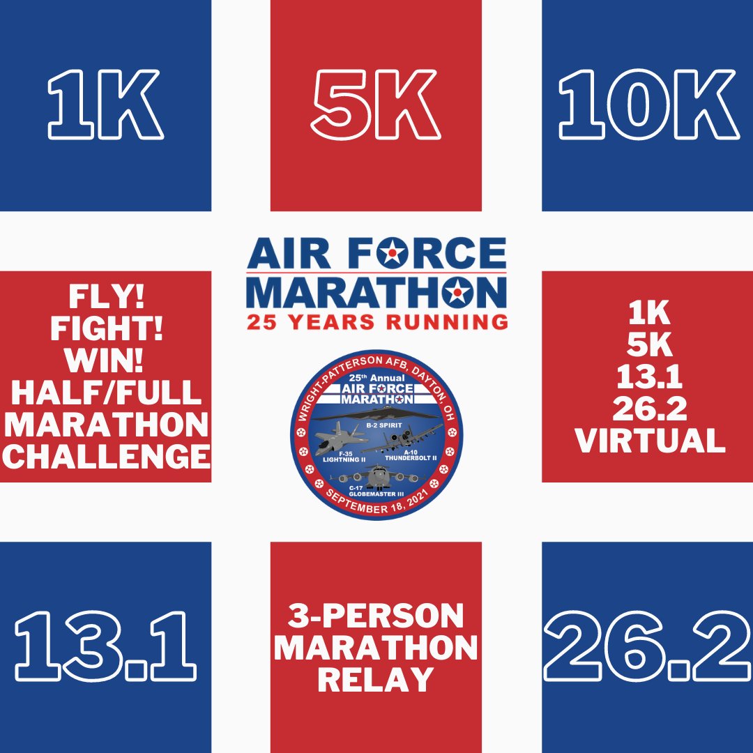 AFMarathon's tweet photo. With registration opening THIS WEEK, we want to know which Air Force Marathon event(s) you're registering for. Comment below with the distance(s) you will race in September!
#FlyAFM #AFMarathon #airforcemarathon #wpafb https://t.co/8xUM00endM