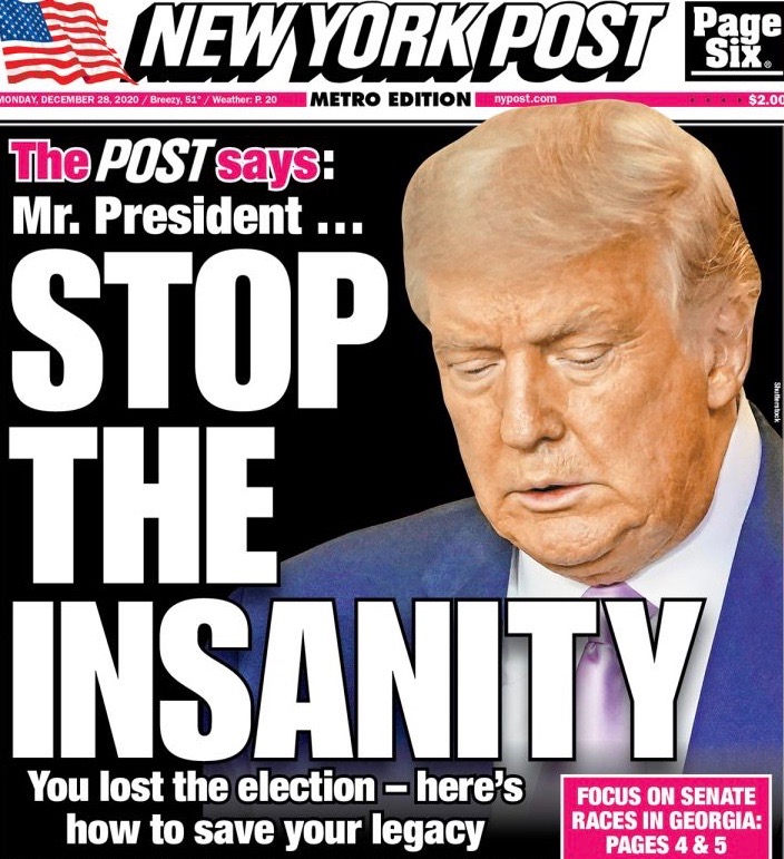 New York Post to Trump:  “Stop the Insanity”—this morning:
