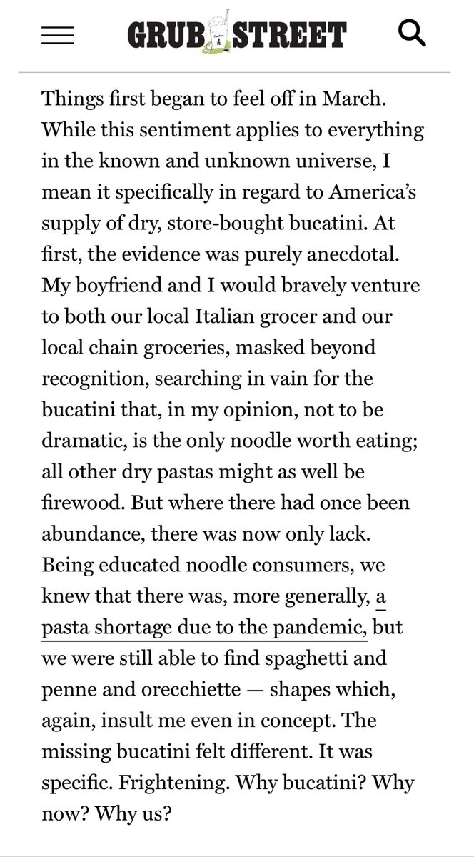 feat: Bowen Yang validating my search for bucatini, a chef telling me that the FDA banned bucatini because people kept eating their straws, my mom writing an all caps email to Italians, and me eventually getting whacked by Big Pasta  https://www.grubstreet.com/2020/12/2020-bucatini-shortage-investigation.html