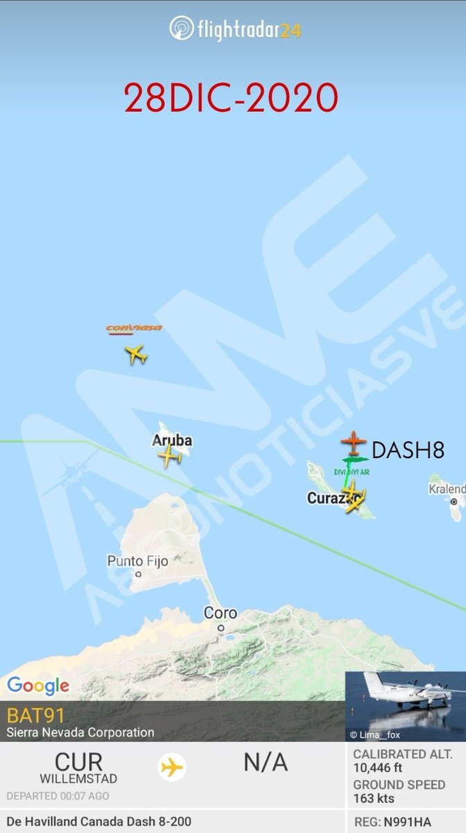 AeroNoticiasVE's tweet photo. #BAT91 Avión #Dash8 Sierra Nevada Corporation 🇺🇸 ( Avion de Inteligencia) investiga a la mayoría de los aviones de Conviasa VEN 🇻🇪 por "Tráfico Ilícito"
Cuando una avion de Conviasa despega de Maiquetia hacia el #Caribe o #CentroAmérica, el avion de inteligencia también lo hace https://t.co/QTegHyu9cm