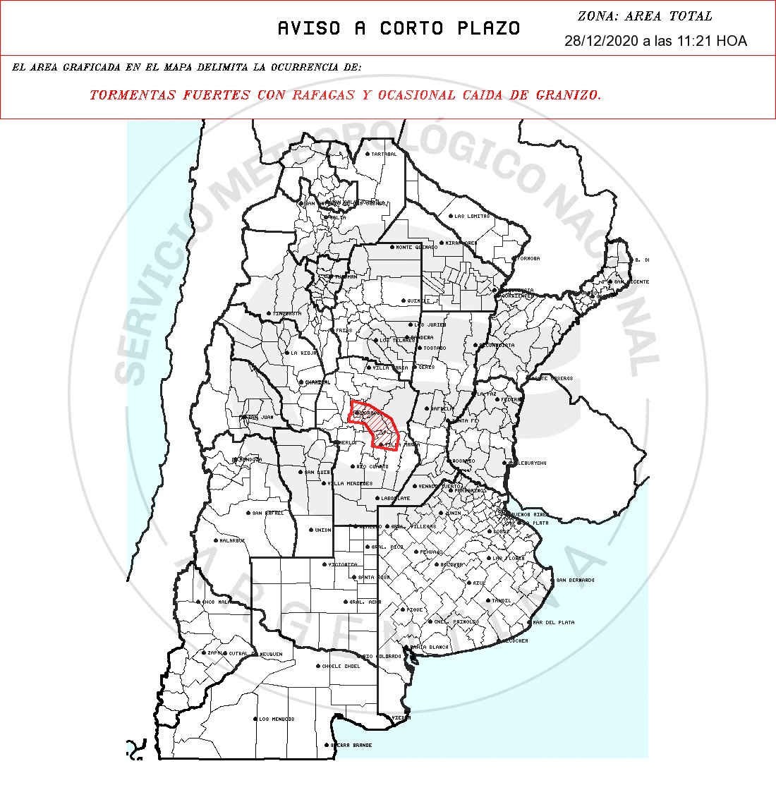 Aviso a muy Corto Plazo 2020-12-28 11:21:00 
Validez : tres horas desde su emisión
TORMENTAS FUERTES CON RAFAGAS Y OCASIONAL CAIDA DE GRANIZO. 
