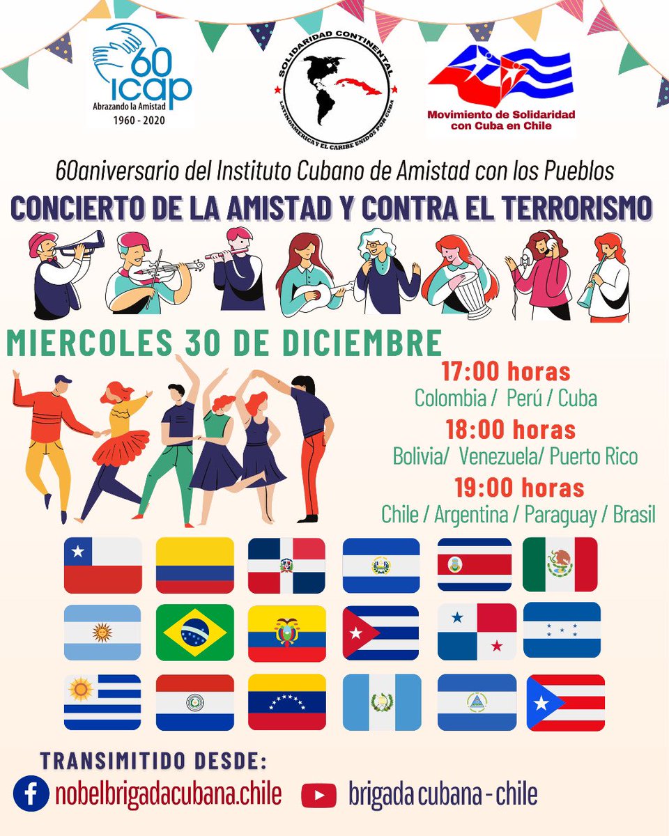 Te invitamos a seguir el «Concierto de la Amistad y contra el Terrorismo» del Instituto Cubano de Amistad con los Pueblos, este miércoles 30 de Diciembre. ¡No te lo pierdas!