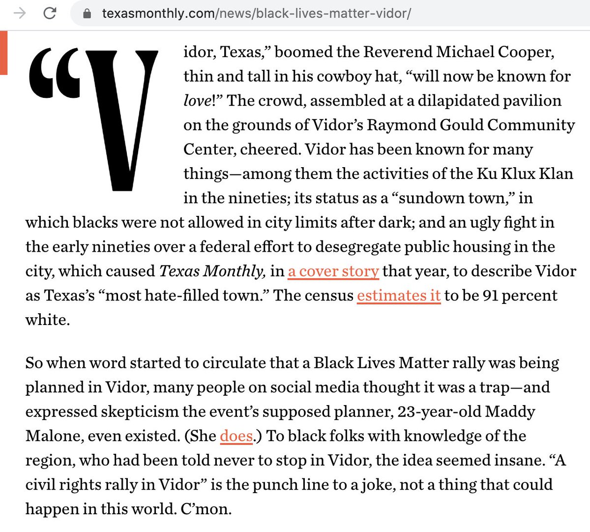 Texas Monthly similarly derides Vidor, Texas for its demographics--citing alleged past Klan activity and mythical Sundown status, but offers redemption via BLM rallies.