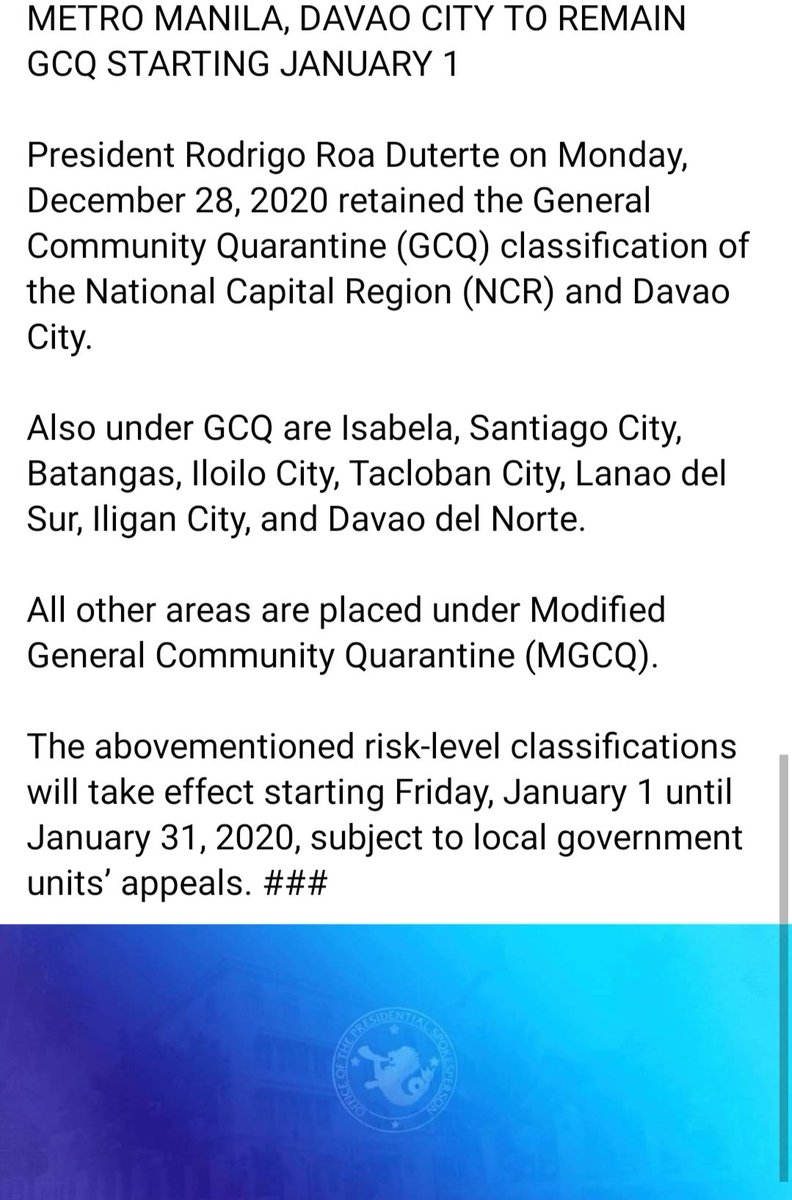 ntfcovid19ph's tweet photo. READ: METRO MANILA, DAVAO CITY TO REMAIN GCQ STARTING JANUARY 1  -- Office of the Presidential Spokesperson

#COVID19PH #WeHealAsOnePH https://t.co/8IZenNbWet