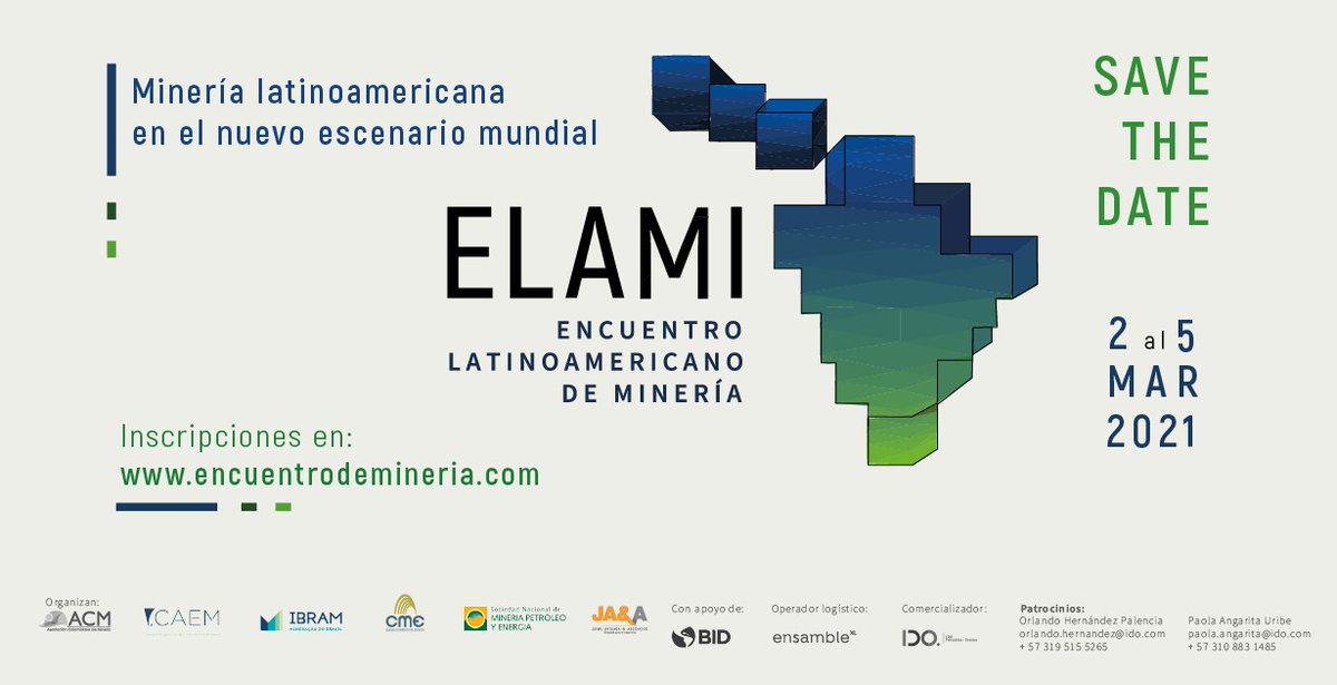 acmineriacol's tweet image. #LoQueNosUne | Reserva tu agenda entre el 2 y el 5 de marzo del 2021 para asistir al Encuentro Latinoamericano de Minería ELAMI, un espacio virtual para conversar y conocer acerca de la industria minera en el continente.