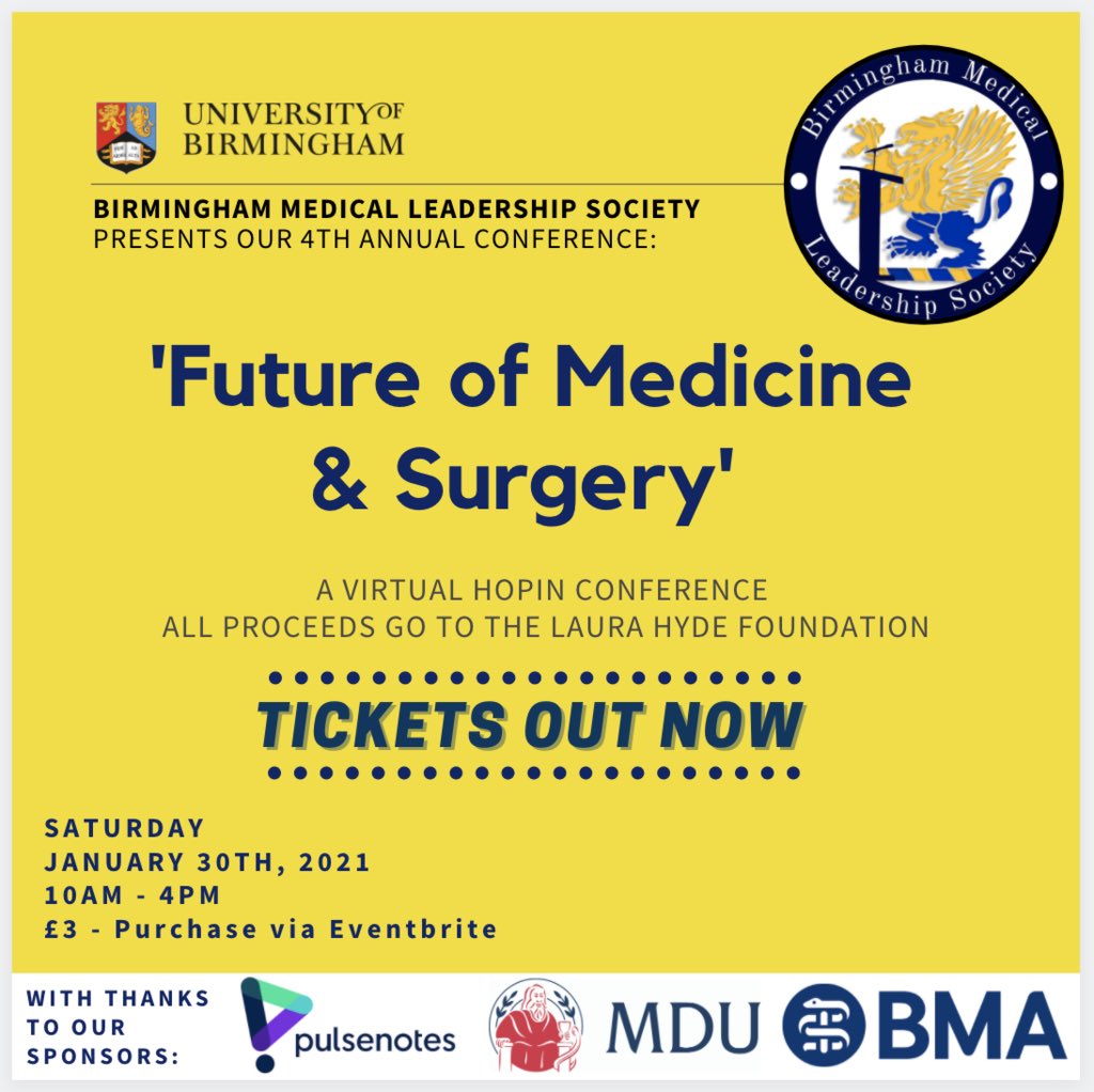 (1/3) *TICKETS ON SALE NOW*

Tickets for our 4th annual ‘Future of Medicine &amp; Surgery’ Conference are on sale now! With a range of panels, speakers and workshops lined up this is not an event to be missed at only £3. Ticket link is in our bio!