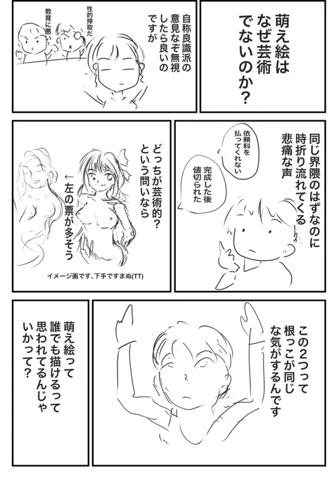 勿論萌え絵も芸術なのですが、そう思っていない意見をみると、
もしかして萌え絵って誰でも描けると思われてるのでは?
とちょっと悲しくなります。 