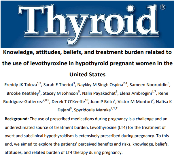 thyroidjournal's tweet photo. Now online in @thyroidjournal, a survey study of knowledge & attitudes held by pregnant women regarding #LT4 therapy by Toloza et al. finds variable views suggesting a need for increased effective communication.
https://t.co/yNlx0DZvMY
#ATAthyroid2020 #medtwitter #endotwitter https://t.co/oh3XAQmZie