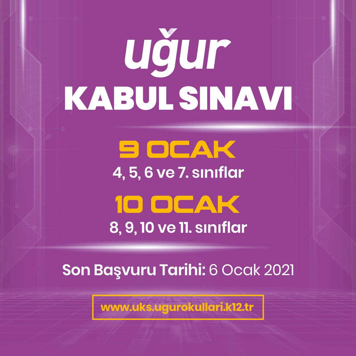 Öğrencilerin Türkiye geneli akademik başarı yüzdelerini görmesini sağlayacak Uğur Kabul Sınavı 4, 5, 6 ve 7. sınıflar için 9 Ocak’ta; 8, 9, 10 ve 11. sınıflar için 10 Ocak’ta düzenlenecek. 

📌 Başvurular uks.ugurokullari.k12.tr ‘de.

#UğurluGelecek <a href="/nilcicek/">Nil Çiçek</a> <a href="/ardaergez/">Arda ERGEZ</a>