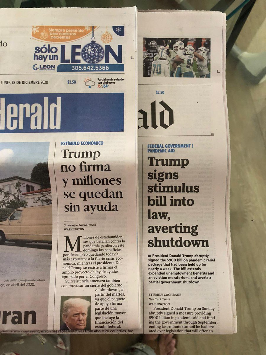 estebangerbasi's tweet photo. Una sola muestra de como los medios tradicionales manipulan la información, estos dos medios dependen de la misma corporación, hoy 12/28/20 las portadas de sus medios en español e inglés son totalmente contrarias con referencia al paquete de estímulo firmado ayer por Trump 🤡🤡🤡 https://t.co/UZzM5AhmnV