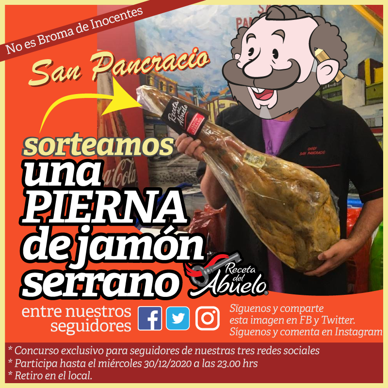 Pancracio_Valpo's tweet photo. ¡El último concurso del año! Y no, no es broma de Día de los Inocentes, es verdad: síganos en nuestras redes, comparta esta imagen (o comenta, en IG) y participe en el sorteo de UNA PIERNA DE JAMÓN SERRANO. Sorteo el 30 por la noche ¡exclusivo para seguidores! (retiro en local) https://t.co/3IPSJOmpdR