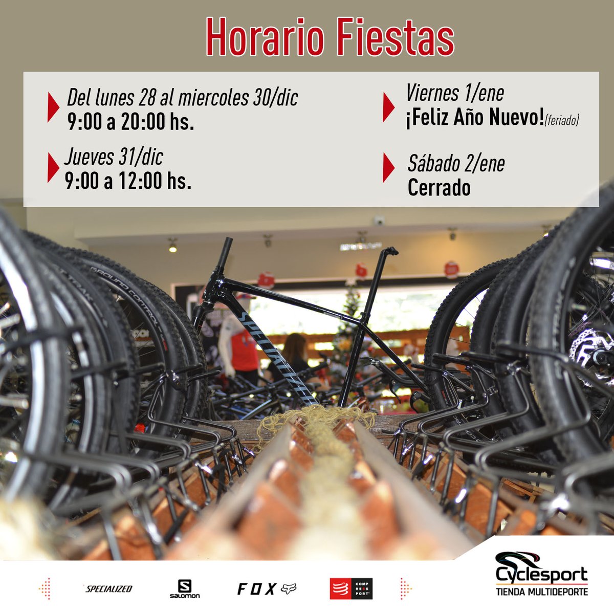 Nuestro Horario Especial  Fin de Año #chau2020
Lun, mar y mie atendemos de 9 a  20 hs. Jueves 31 hasta las 12 hs. El 1 de enero y el sáb: cerrado.
Volvemos el lunes 4 de enero en nuestro horario habitual de 9:00 a 19:00 horas.
#cyclesport #celebramoslasfiestascontigo