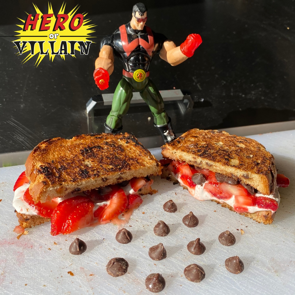 Did you get a chance to try our new Brunch menu? This is the Silk. Strawberries, marshmallow fluff and chocolate chips on grilled chocolate bread. #heroorvillain #heroorvillainvan #heroorvillainfoodtruck #foodtruck #gourmet #sandwich #michigan #catering #detroit #metrodetroit
