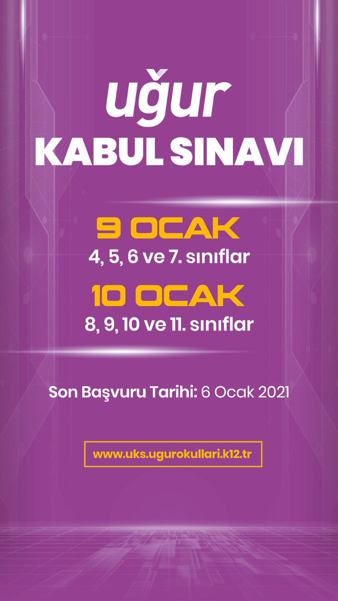 Öğrencilerin Türkiye geneli akademik başarı yüzdelerini görmesini sağlayacak Uğur Kabul Sınavı 4, 5, 6 ve 7. sınıflar için 9 Ocak’ta; 8, 9, 10 ve 11. sınıflar için 10 Ocak’ta düzenlenecek. 

📌 Başvurular uks.ugurokullari.k12.tr ‘de.

#UğurluGelecek