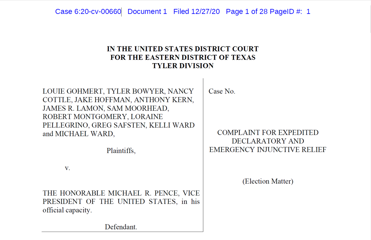 This is a strange group of plaintiffs - looks like the dumbest man in Congress, the second-most disgraceful Republican Party State Chair in America, and a bunch of semi-randos. All of the above almost certainly lack standing to bring this case.