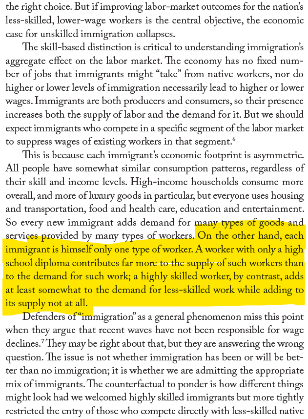 This is a transparently unserious argument, which I discuss in The Once and Future Worker. Yes, immigrants increase both supply and demand. But someone in a given segment of the labor market represents a _concentrated_ increase in supply and a _diffuse_ increase in demand.