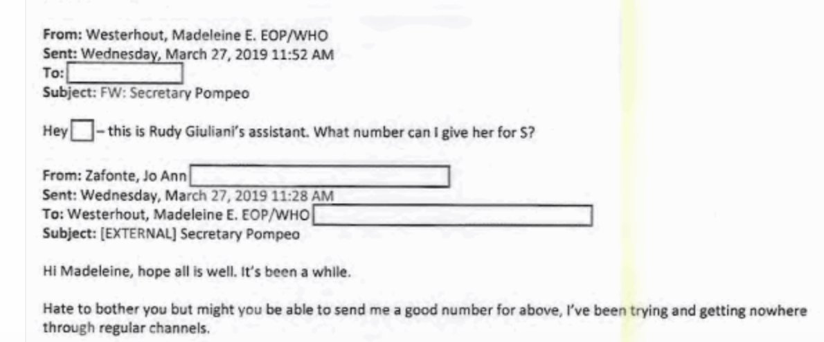 We also obtained State Department records showing that Rudy Giuliani’s assistant leveraged White House channels to connect with Secretary of State Mike Pompeo during the spring of 2019, amid the smear campaign against U.S. Ambassador Marie Yovanovitch.  https://www.documentcloud.org/documents/6557889-State-Department-Records-of-Giuliani-and-Ukraine.html#document/p55/a537063